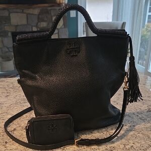 Tory Burch Black Leather Shoulder Bag with Tassel